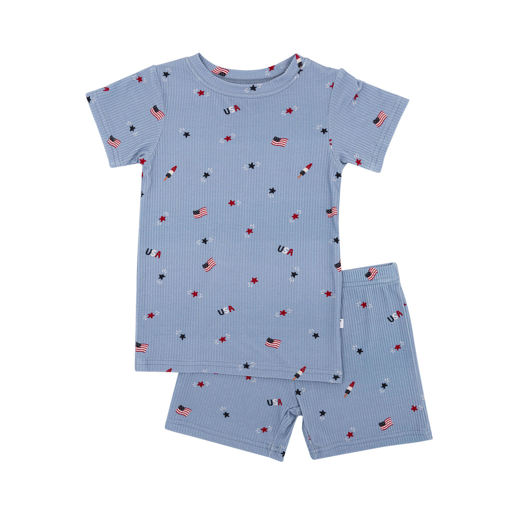 Children's shorts pajama set with American flag pattern on a white background