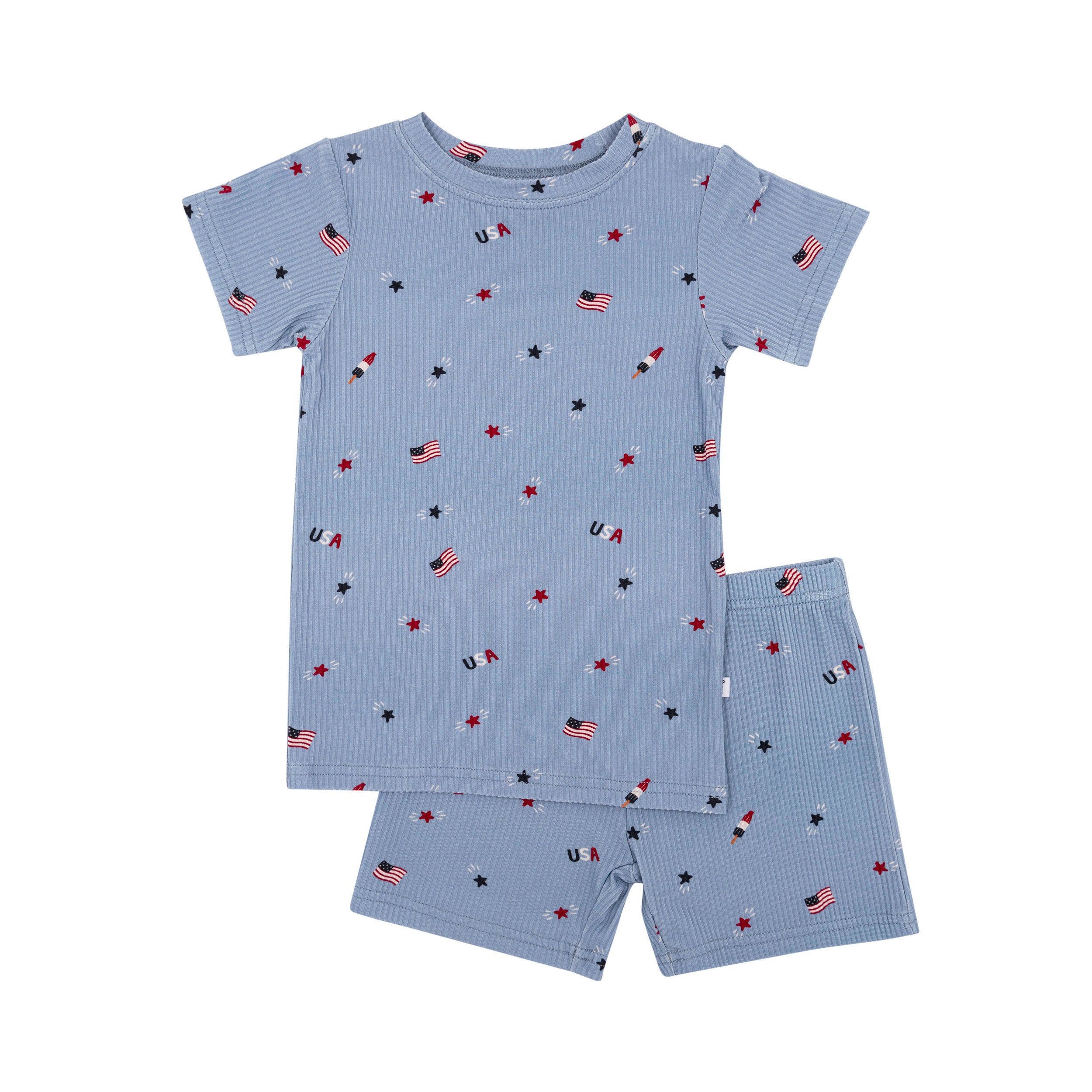 Children's shorts pajama set with American flag pattern on a white background