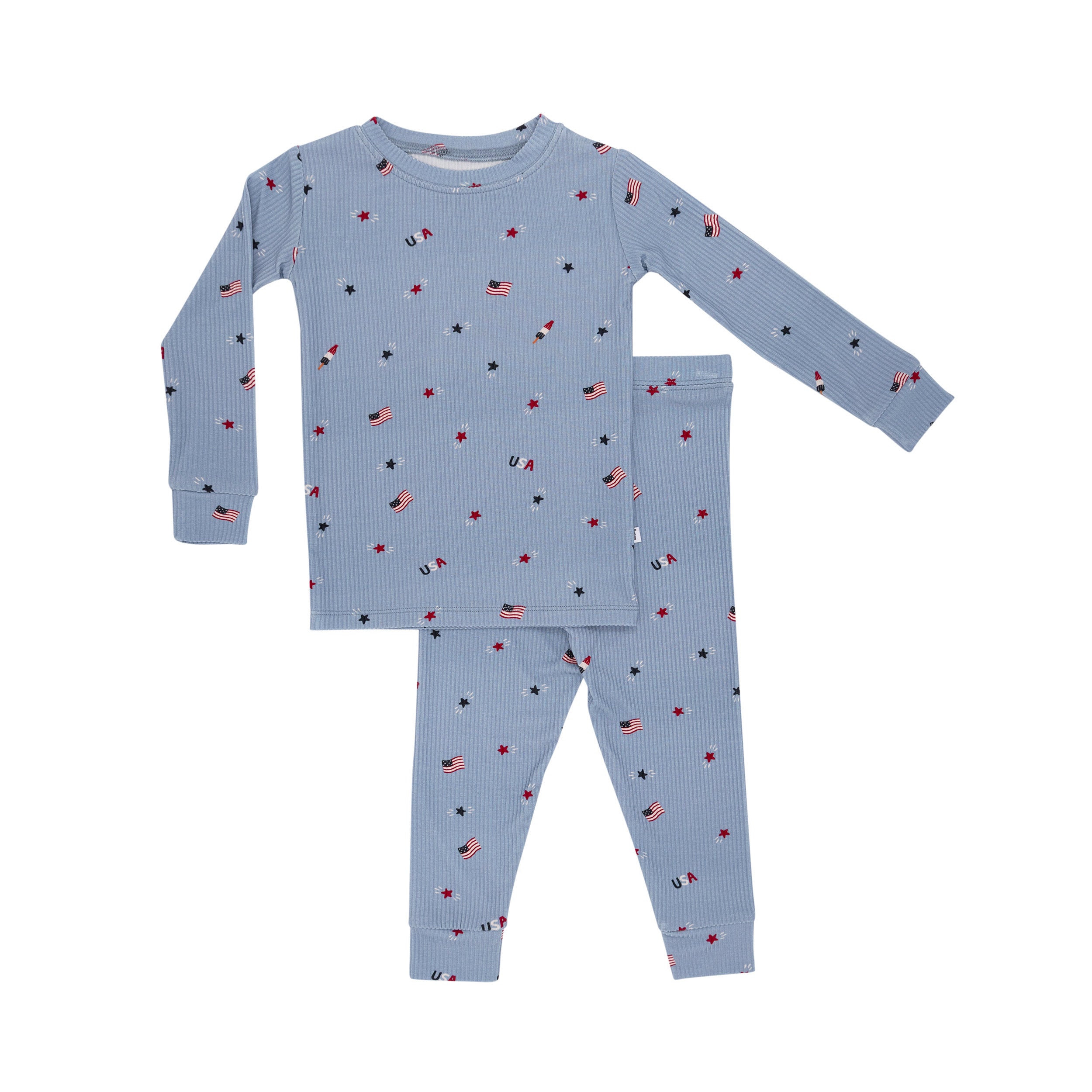 Children's pajama set with American flag pattern on a white background