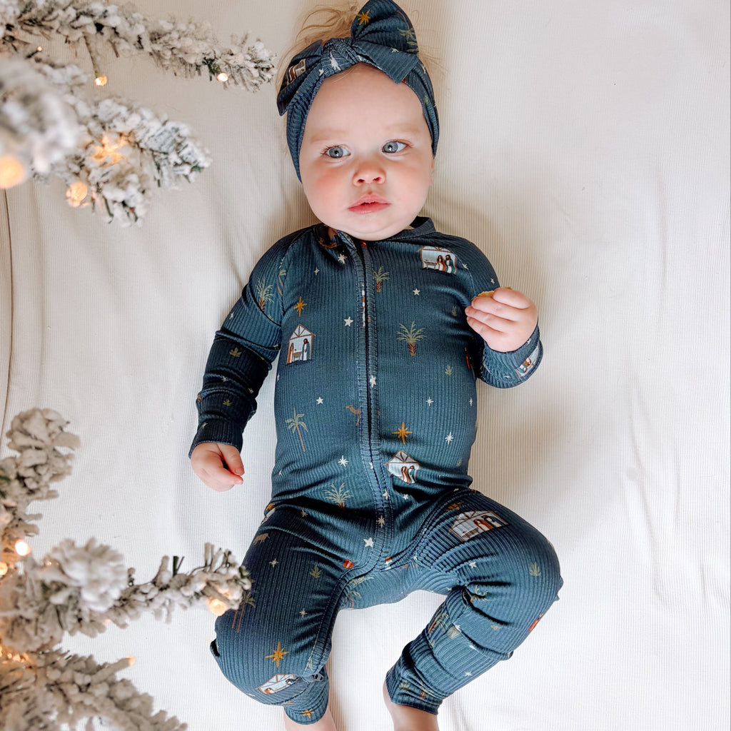 Nativity Blue Small Ribbed Zip Romper