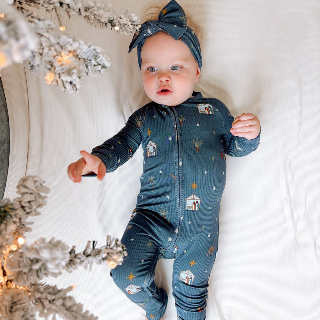 Nativity Blue Small Ribbed Zip Romper