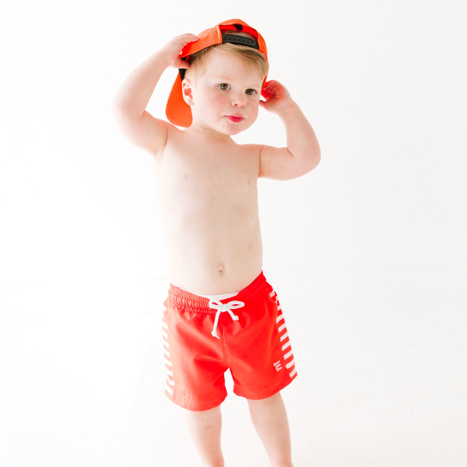 Neon Coral Stripe Swim Trunks