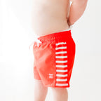 Neon Coral Stripe Swim Trunks