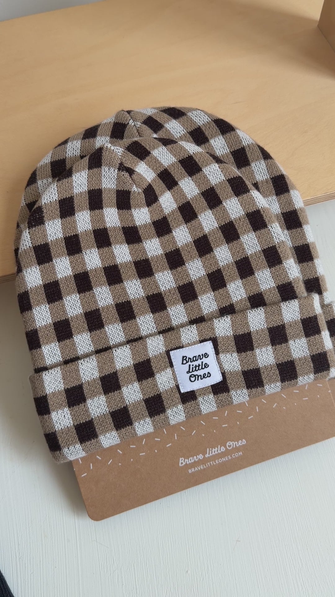 Dark Brown Gingham Knit Beanie