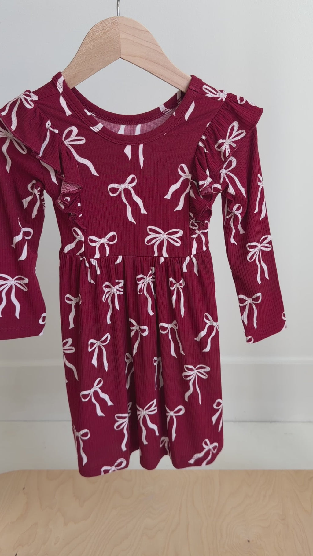 Coquette Bows Red Small Ribbed Ruffle Long Sleeve Dress