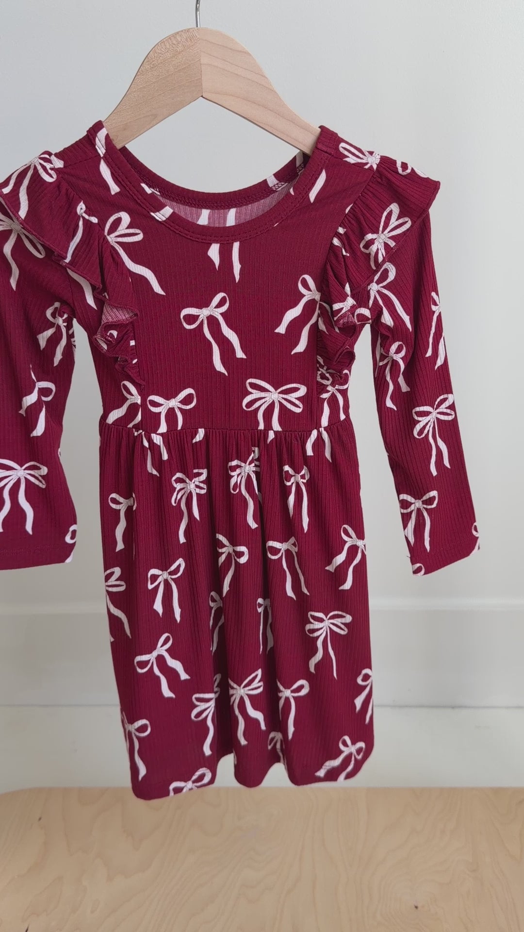 Coquette Bows Red Small Ribbed Ruffle Long Sleeve Dress