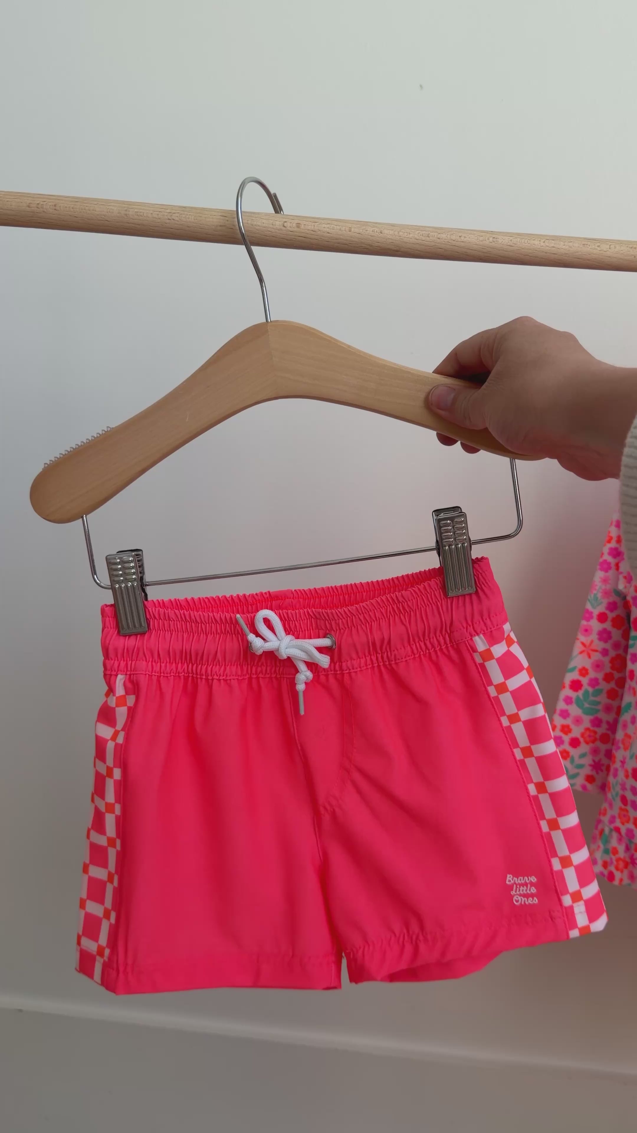 Neon Coral With Squares Swim Trunks