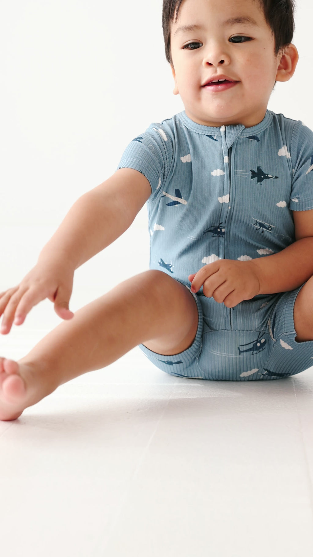 Take Flight Blue Small Ribbed Summer Zip Romper