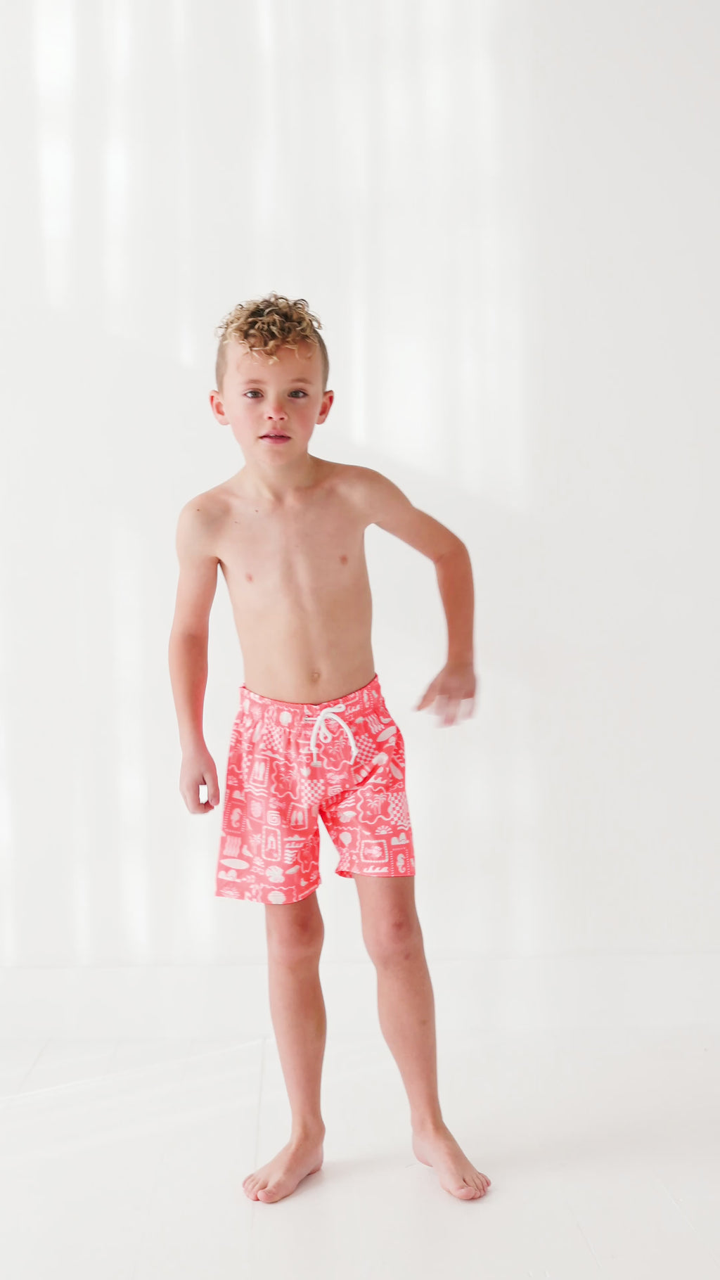 Neon Coral Summer Block Swim Trunks