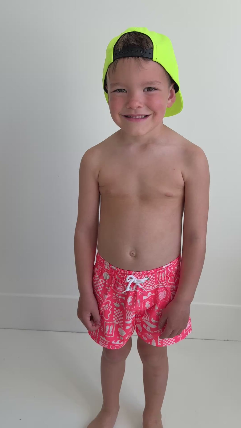 Neon Coral Summer Block Swim Trunks