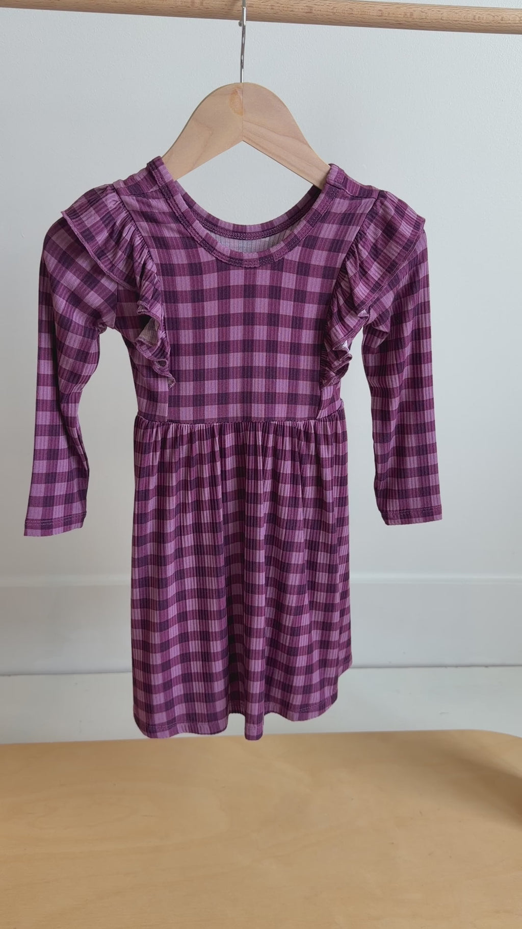 Plum Gingham Small Ribbed Ruffle Long Sleeve Dress
