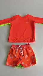 Neon Coral Stripe Swim Trunks