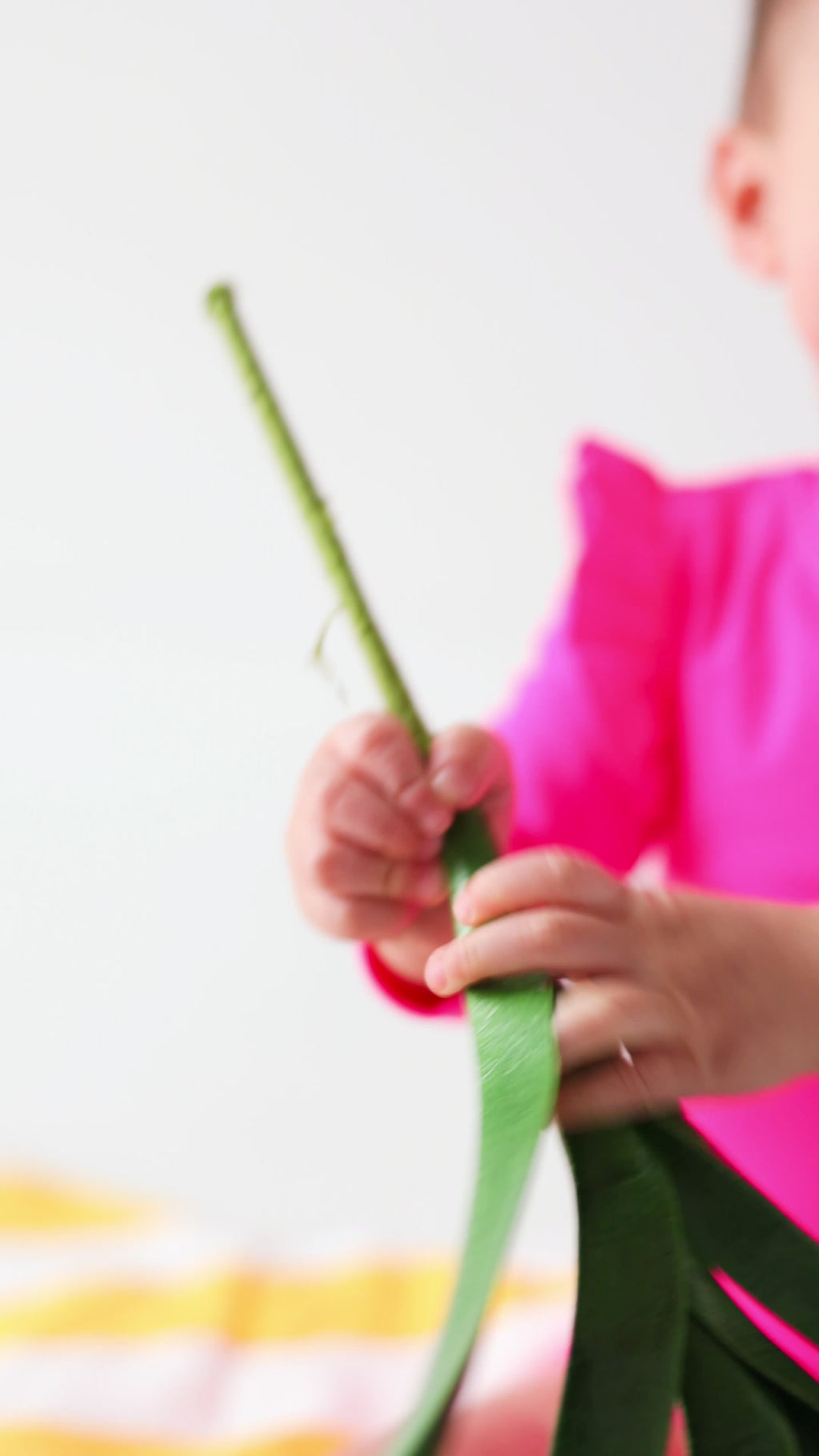 Baby wearing a bright pink one-piece swimsuit sitting on a white background with a yellow towel and green leaves.