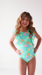 Bright Turquoise Daisies Ruffle Sleeves One-Piece Bathing Suit