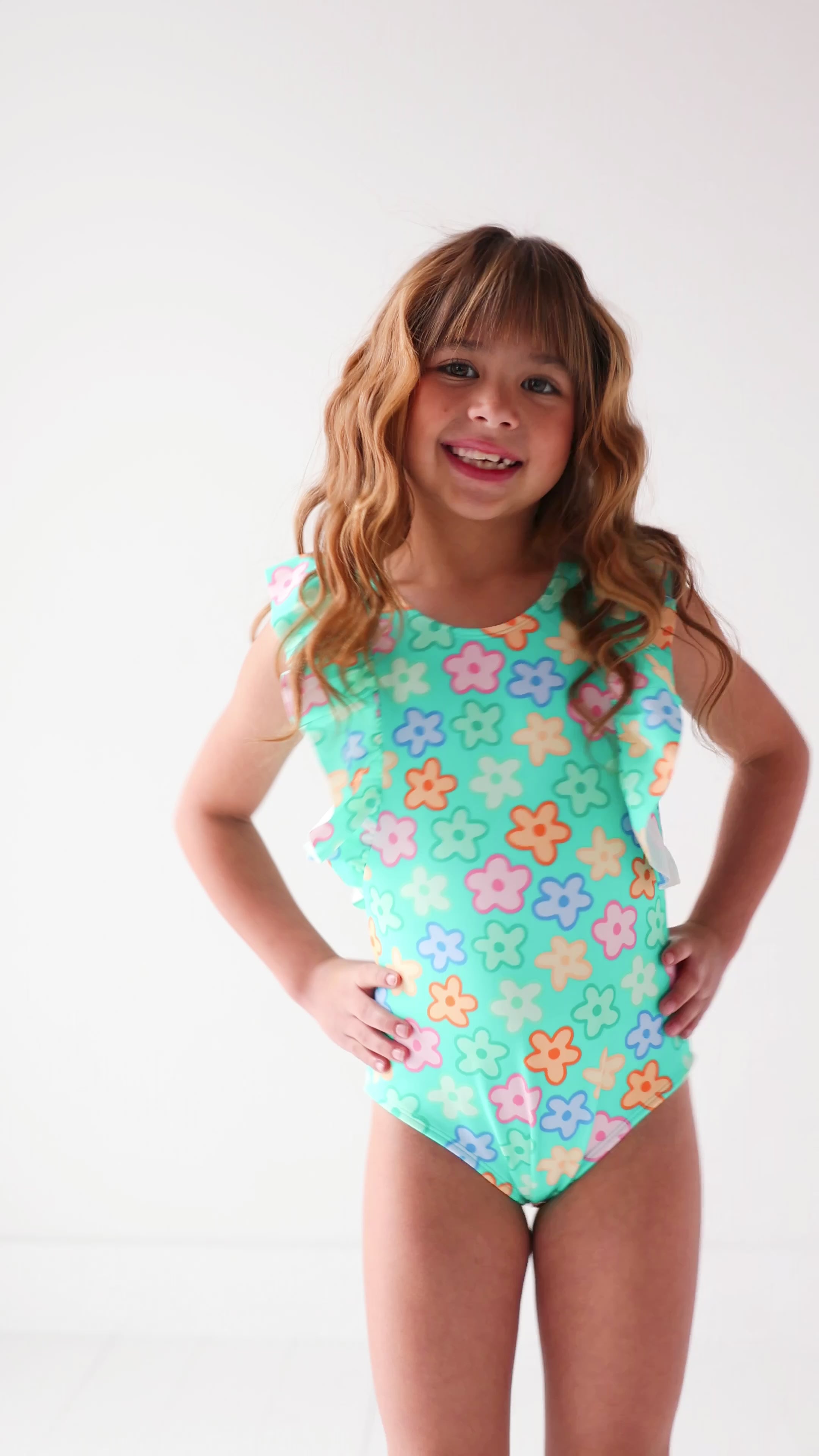 Bright Turquoise Daisies Ruffle Sleeves One-Piece Bathing Suit