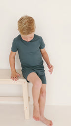 Dark Steel Blue Small Ribbed Shorts Two-Piece Set