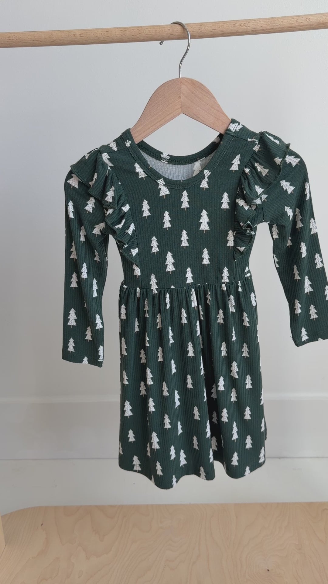 Christmas Trees Small Ribbed Ruffle Long Sleeve Dress