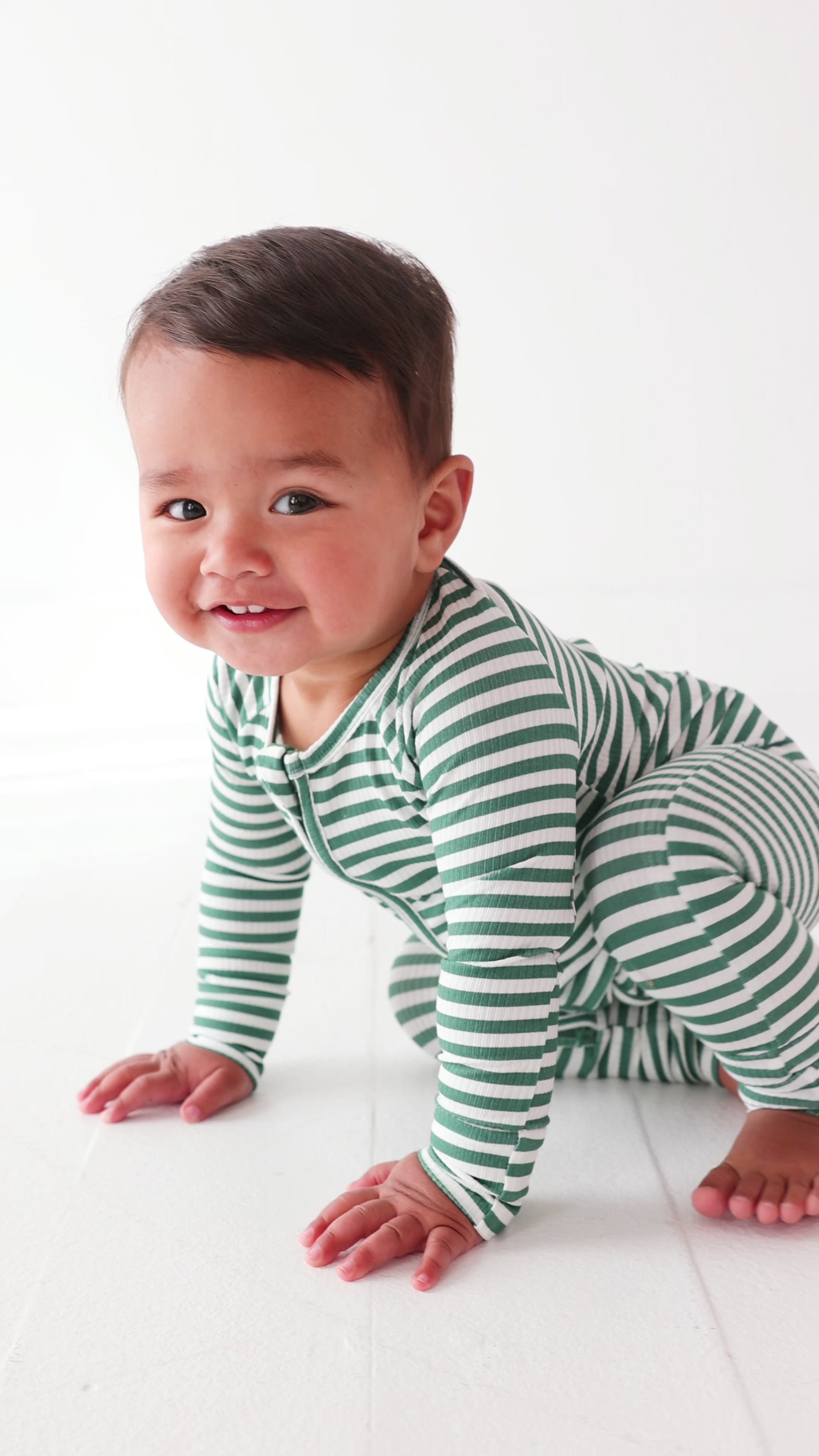 Eucalyptus Green Stripe Small Ribbed Zip Romper