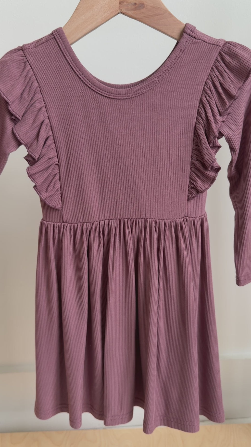 Plum Small Ribbed Ruffle Long Sleeve Dress