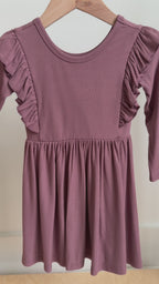 Plum Small Ribbed Ruffle Long Sleeve Dress