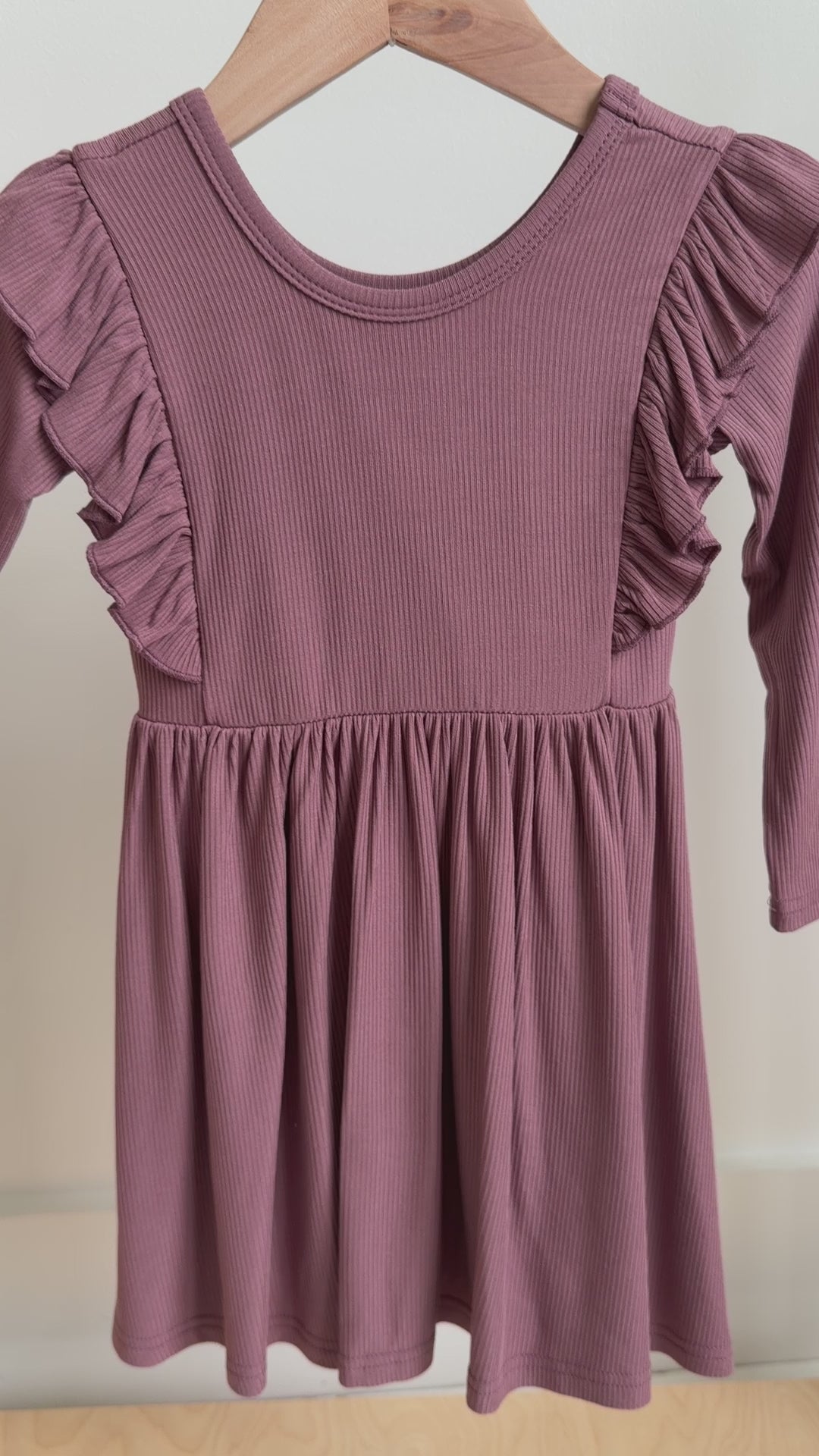 Plum Small Ribbed Ruffle Long Sleeve Dress