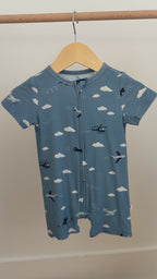 Take Flight Blue Small Ribbed Summer Zip Romper