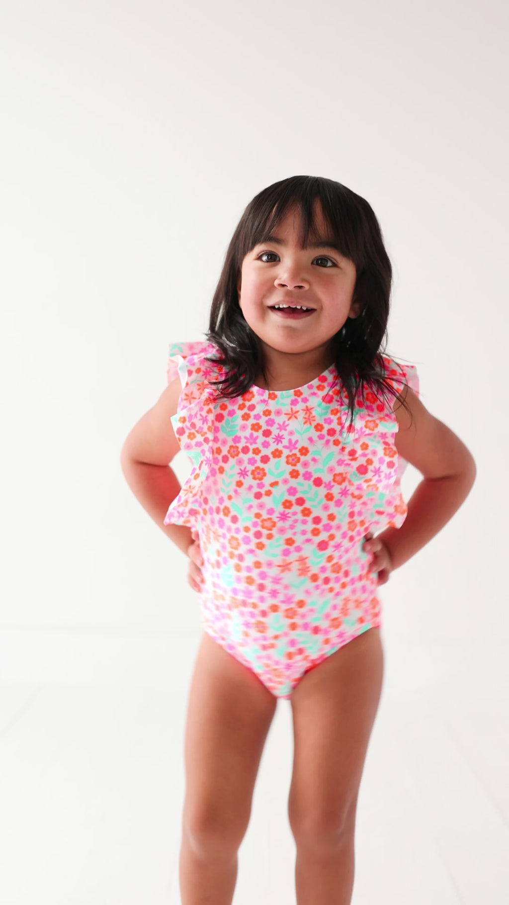 Neon Little Blooms Ruffle Sleeves One-Piece Bathing Suit