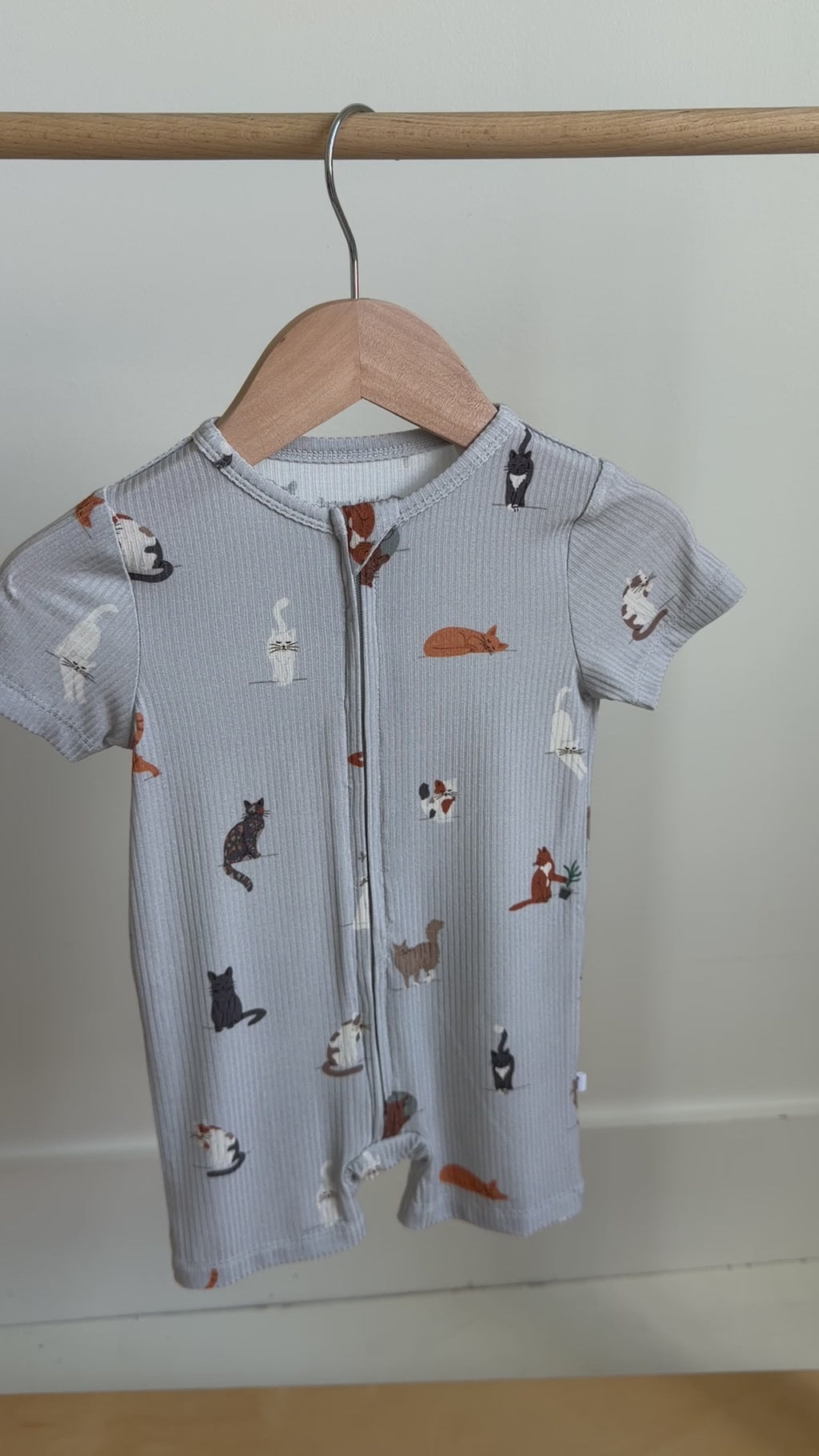 Cats Gray Small Ribbed Summer Zip Romper
