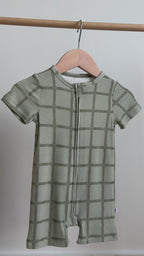 Grid Sage Green Small Ribbed Summer Zip Romper