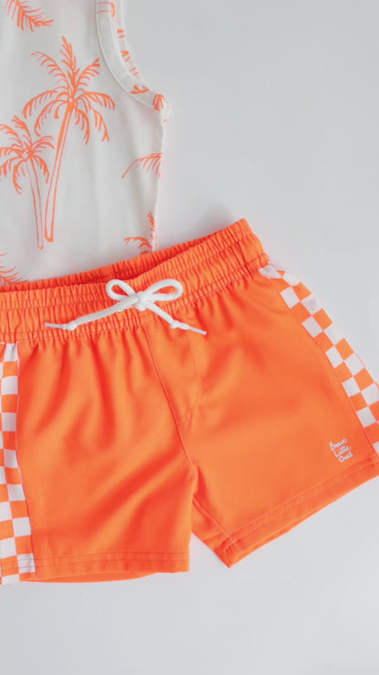 Neon Orange Checkered Swim Trunks