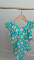 Bright Turquoise Daisies Ruffle Sleeves One-Piece Bathing Suit