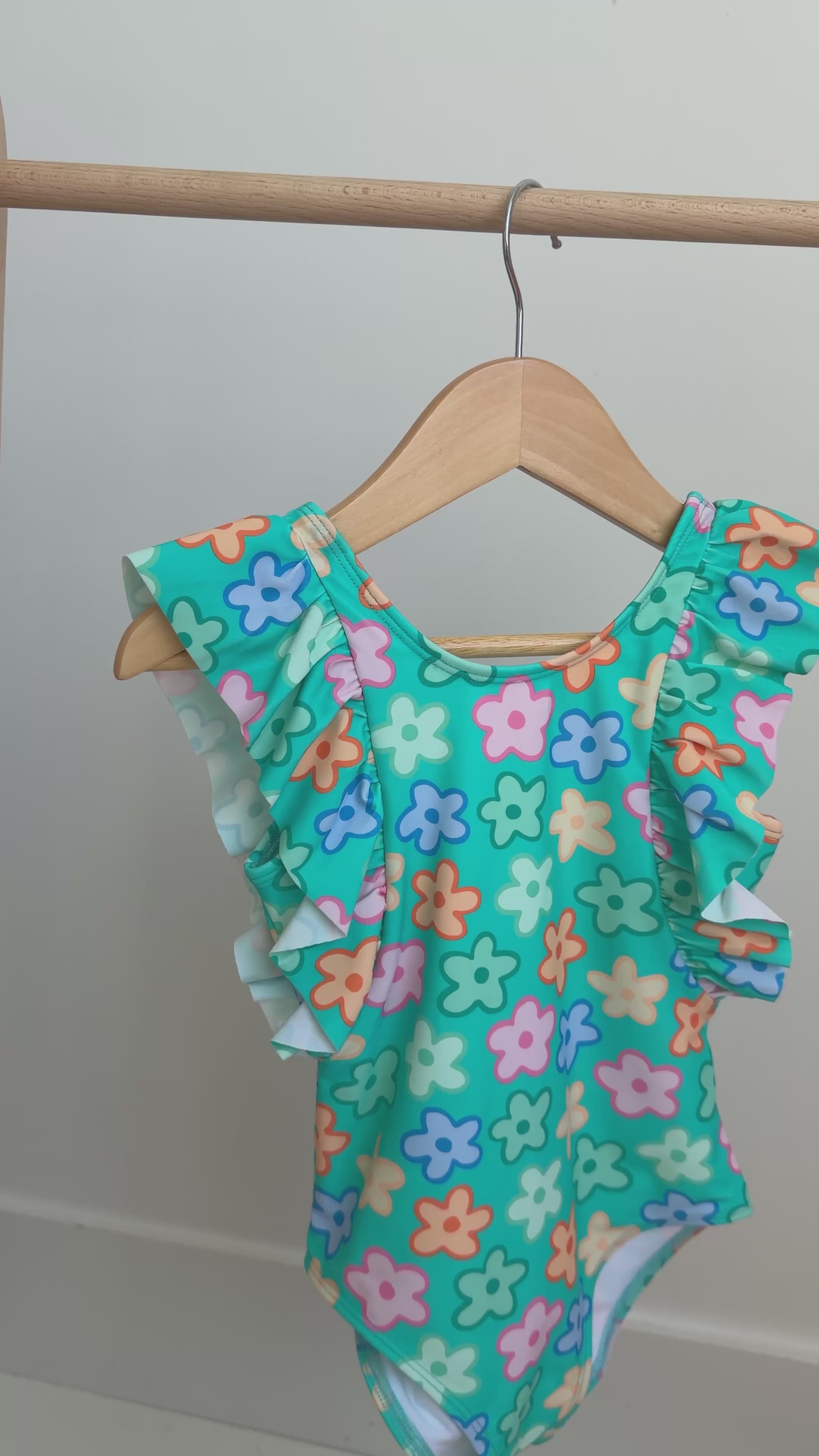 Bright Turquoise Daisies Ruffle Sleeves One-Piece Bathing Suit