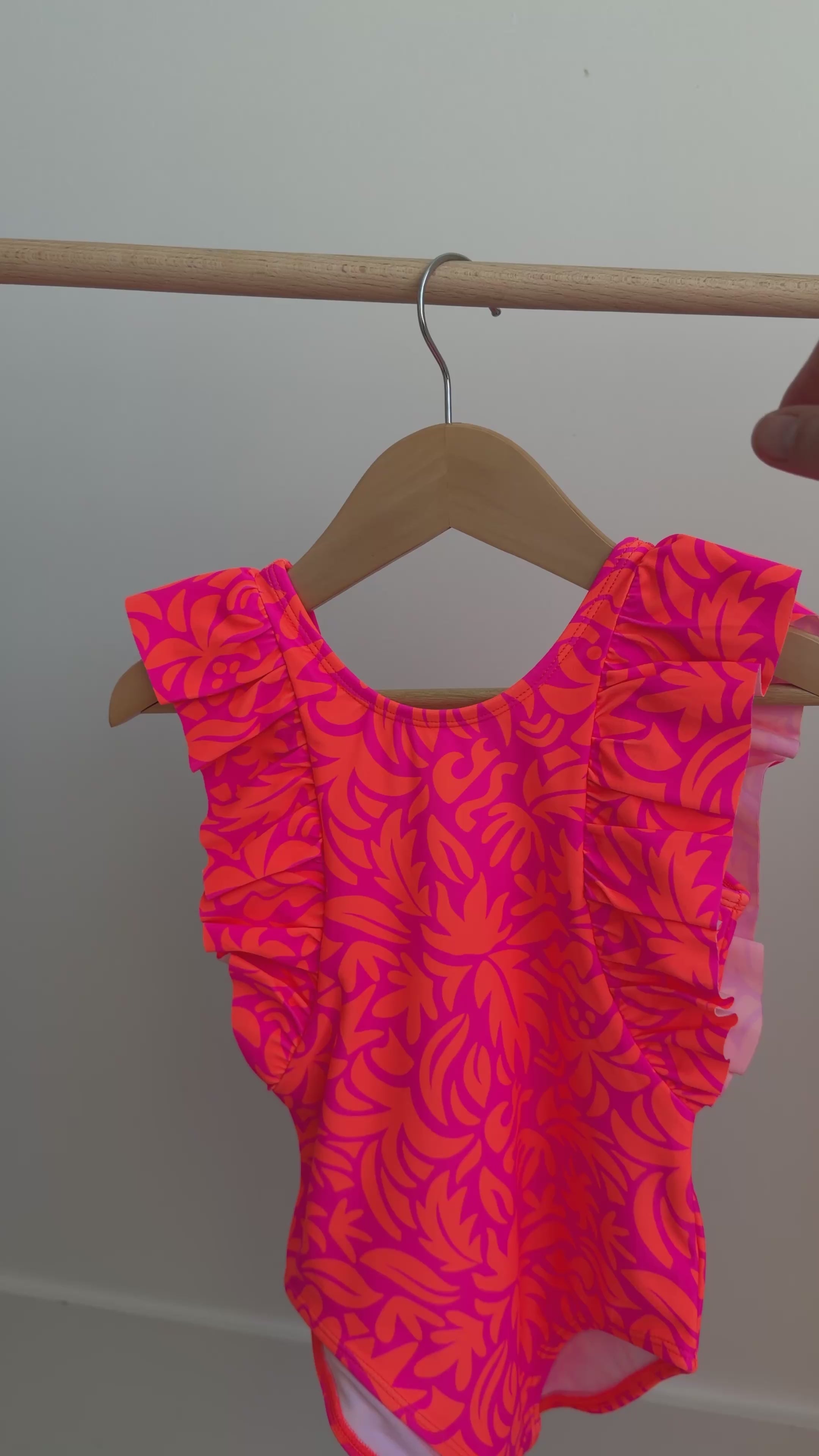 Neon Pink Tropical Tango Ruffle Sleeves One-Piece Bathing Suit