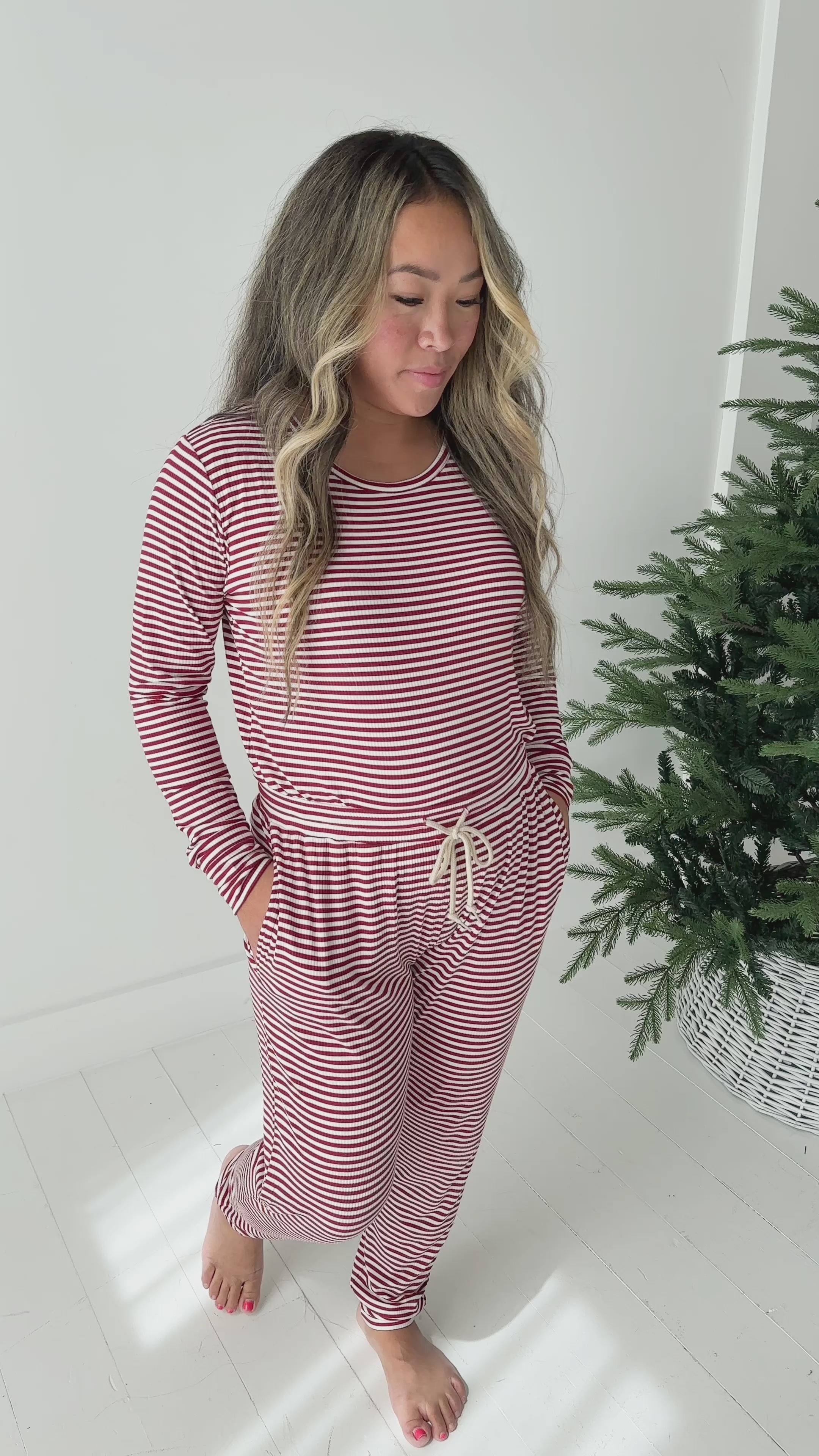 Red Stripe Small Ribbed Women's Long Sleeve Top