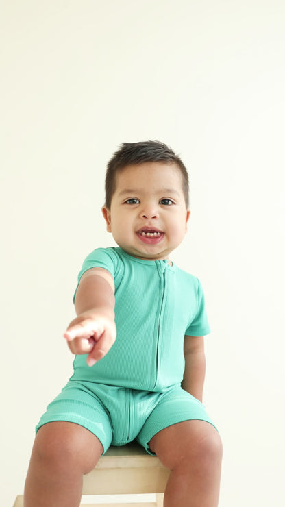 Teal Small Ribbed Summer Zip Romper