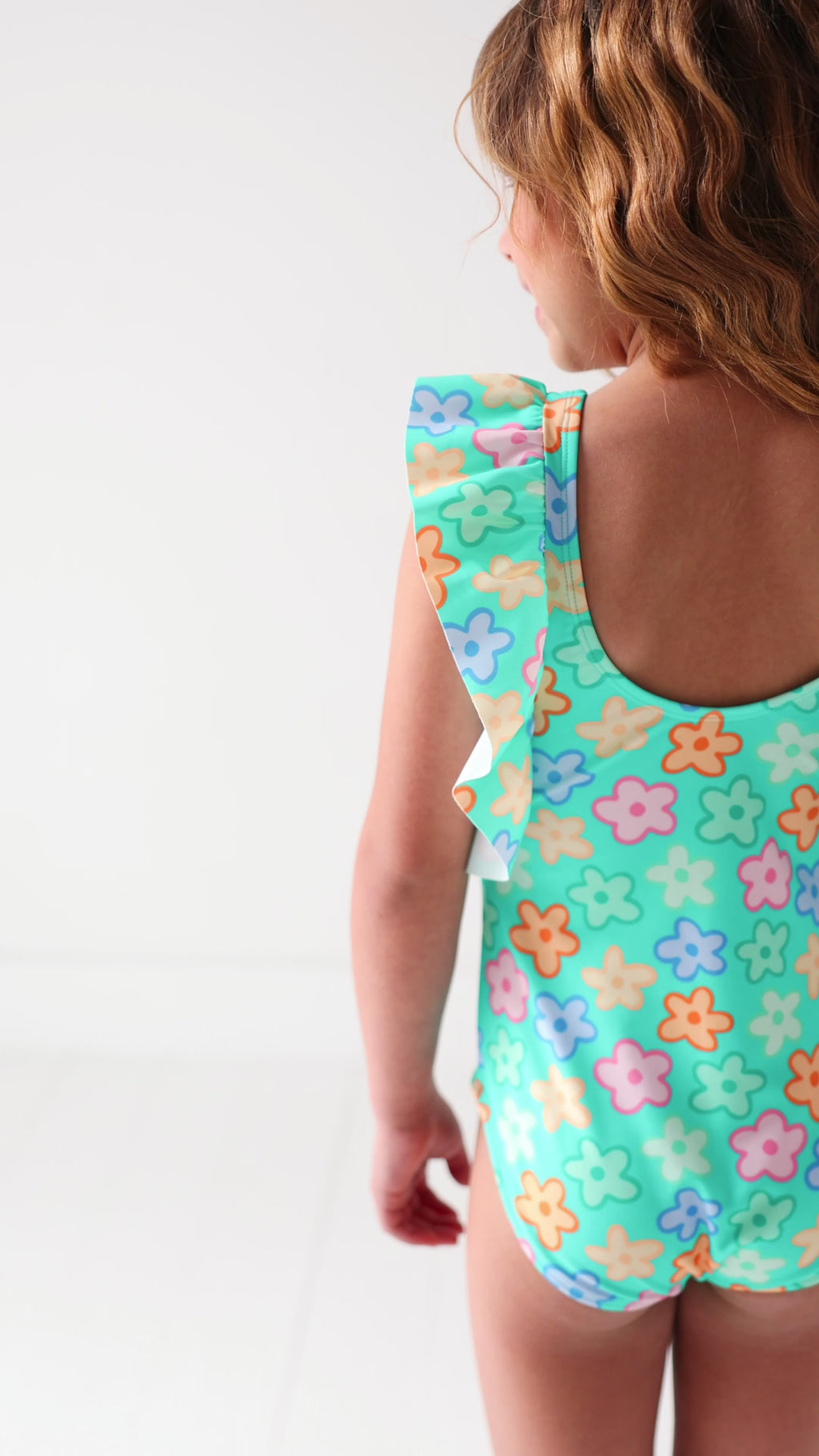 Bright Turquoise Daisies Ruffle Sleeves One-Piece Bathing Suit