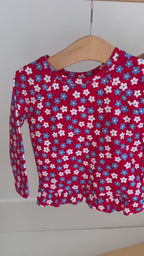 Video of a blue and white floral two-piece swimsuit hanging on a rack