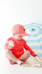 Neon Coral Stripe Swim Trunks