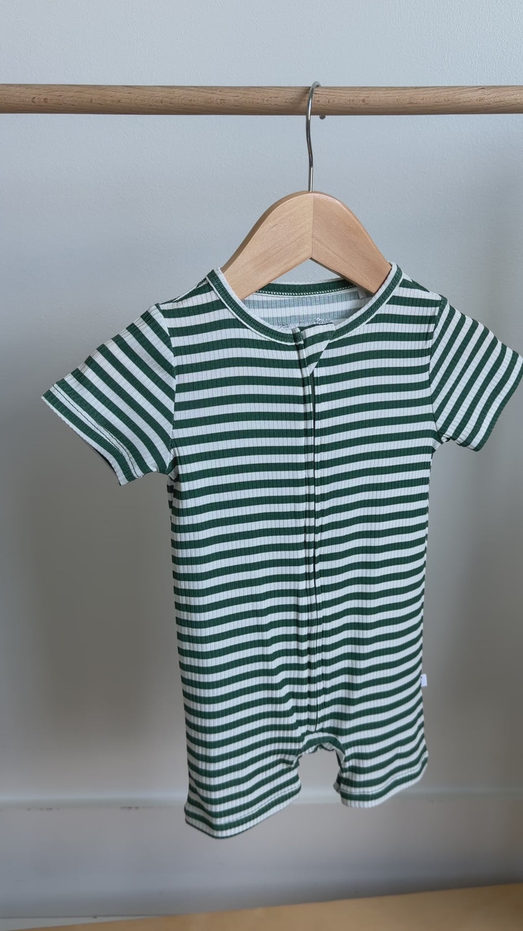 Eucalyptus Green Stripe Small Ribbed Summer Zip Romper