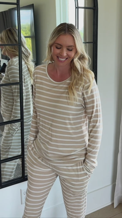 Tan Wide Stripe Small Ribbed Women's Long Sleeve Top