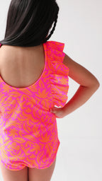 Neon Pink Tropical Tango Ruffle Sleeves One-Piece Bathing Suit