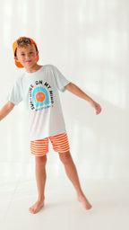 Neon Orange Stripe Swim Trunks