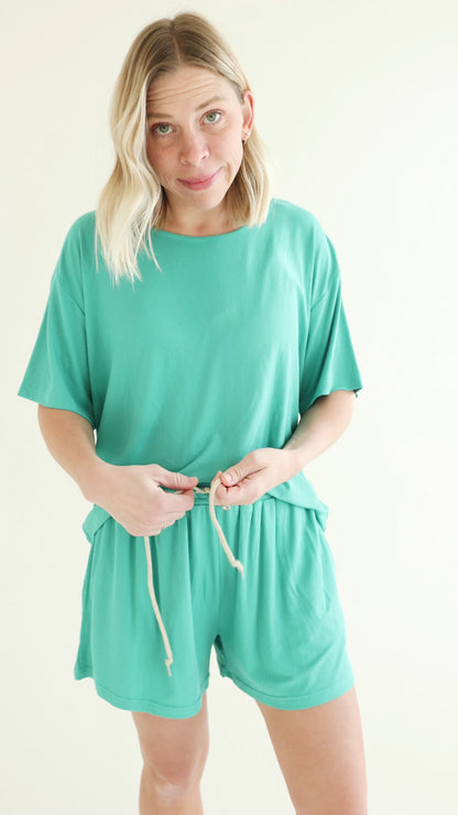 Teal Small Ribbed Women's Shorts Set