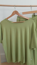 Tarragon Green Small Ribbed Women's Short Sleeve Top