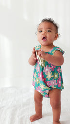 Retro Daisies Small Ribbed Flutter Sleeve Romper