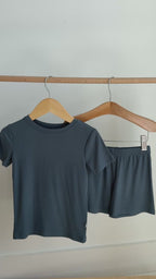 Dark Steel Blue Small Ribbed Shorts Two-Piece Set
