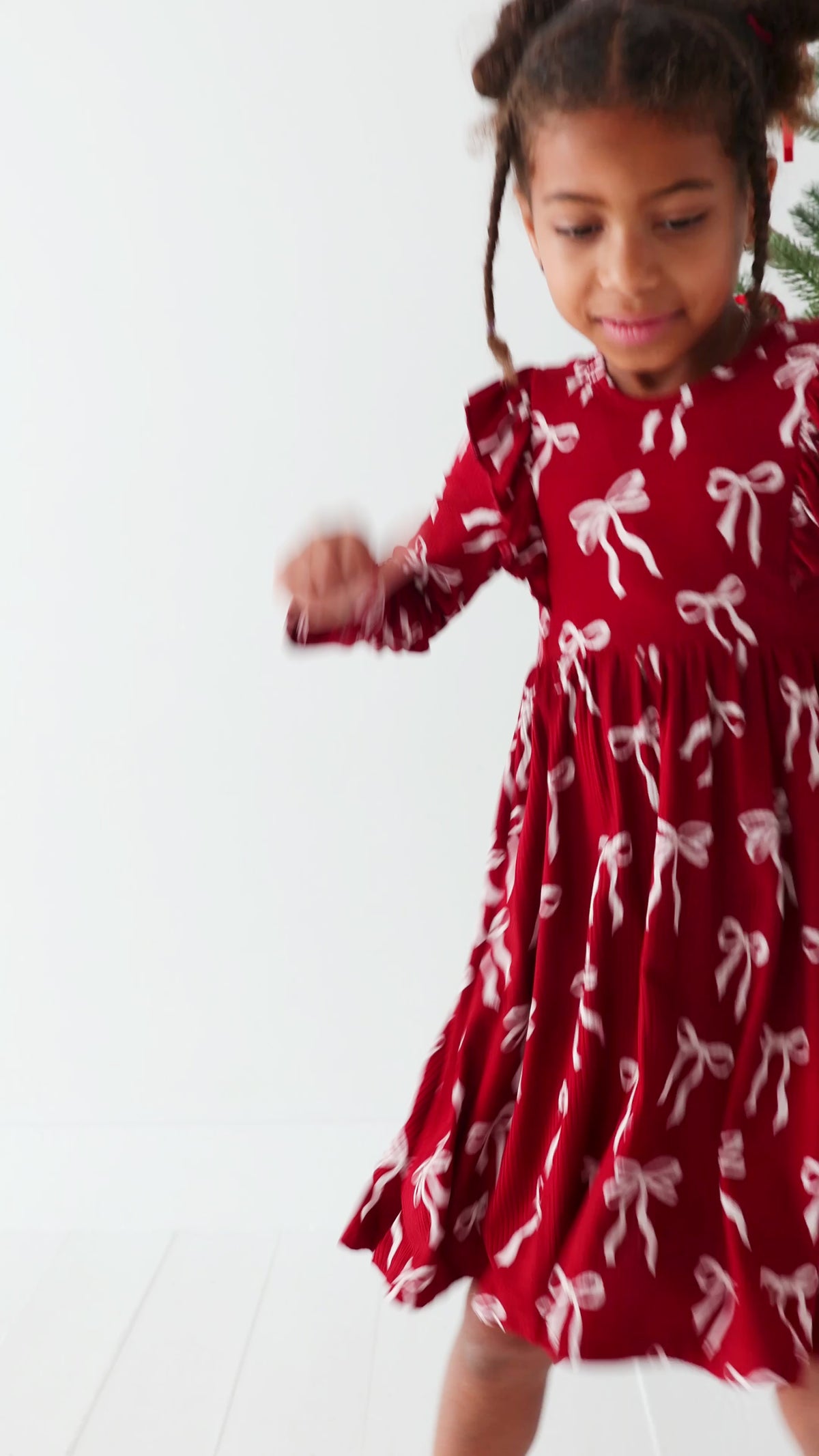 Coquette Bows Red Small Ribbed Ruffle Long Sleeve Dress