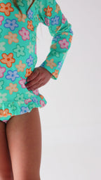 Bright Turquoise Daisies Two-Piece Bathing Suit