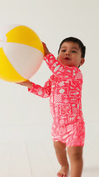 Neon Coral Summer Block Long Sleeve Rash Guard Boy Shortie
