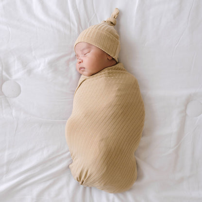 Tan Ribbed Stretchy Swaddle Set